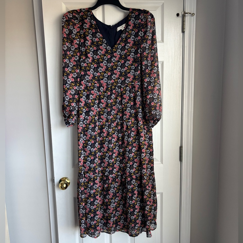 LOFT Black Floral Long Sleeve Dress